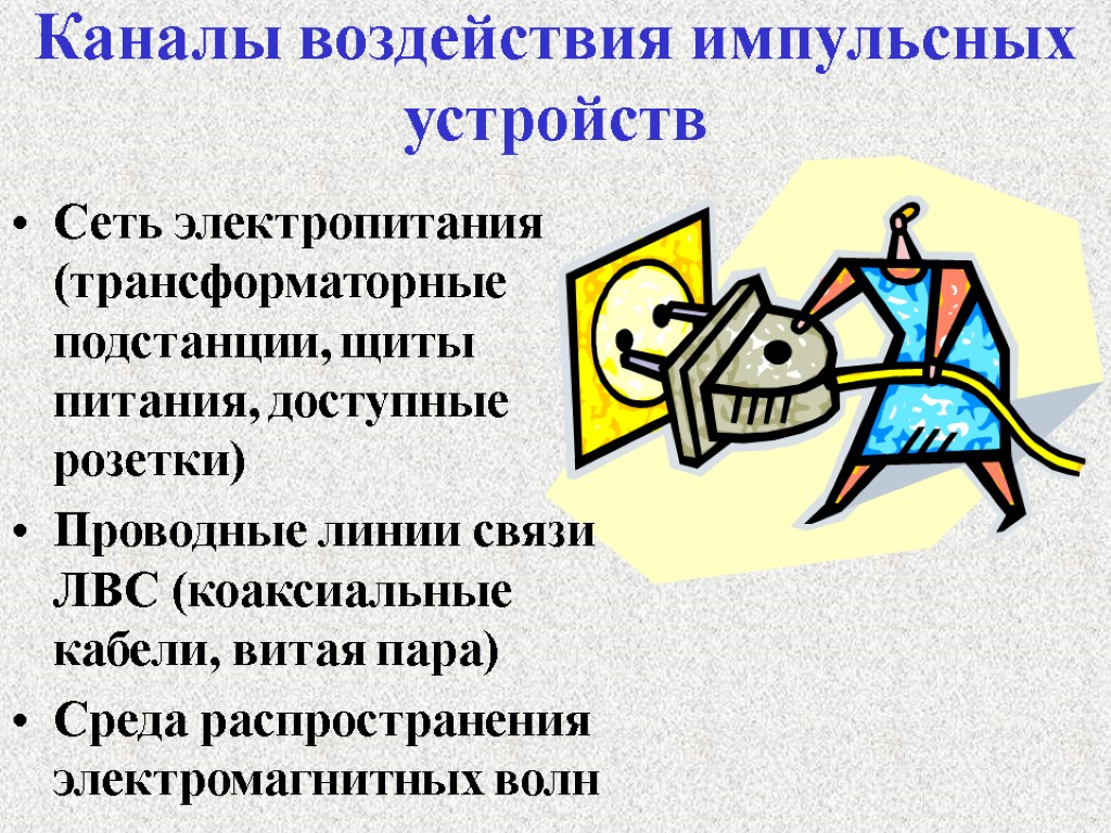 Каналы воздействия импульсных устройств Сеть электропитания (трансформаторные подстанции, щиты питания, доступные розетки) Проводные линии